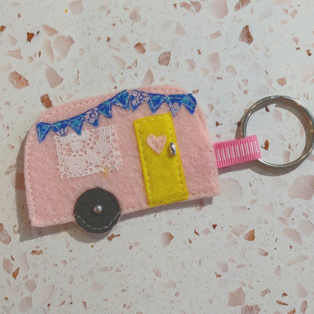 Happy Camper Handcrafted Key Fob Retro Positive Felt Lace Ribbon Beads | New #2